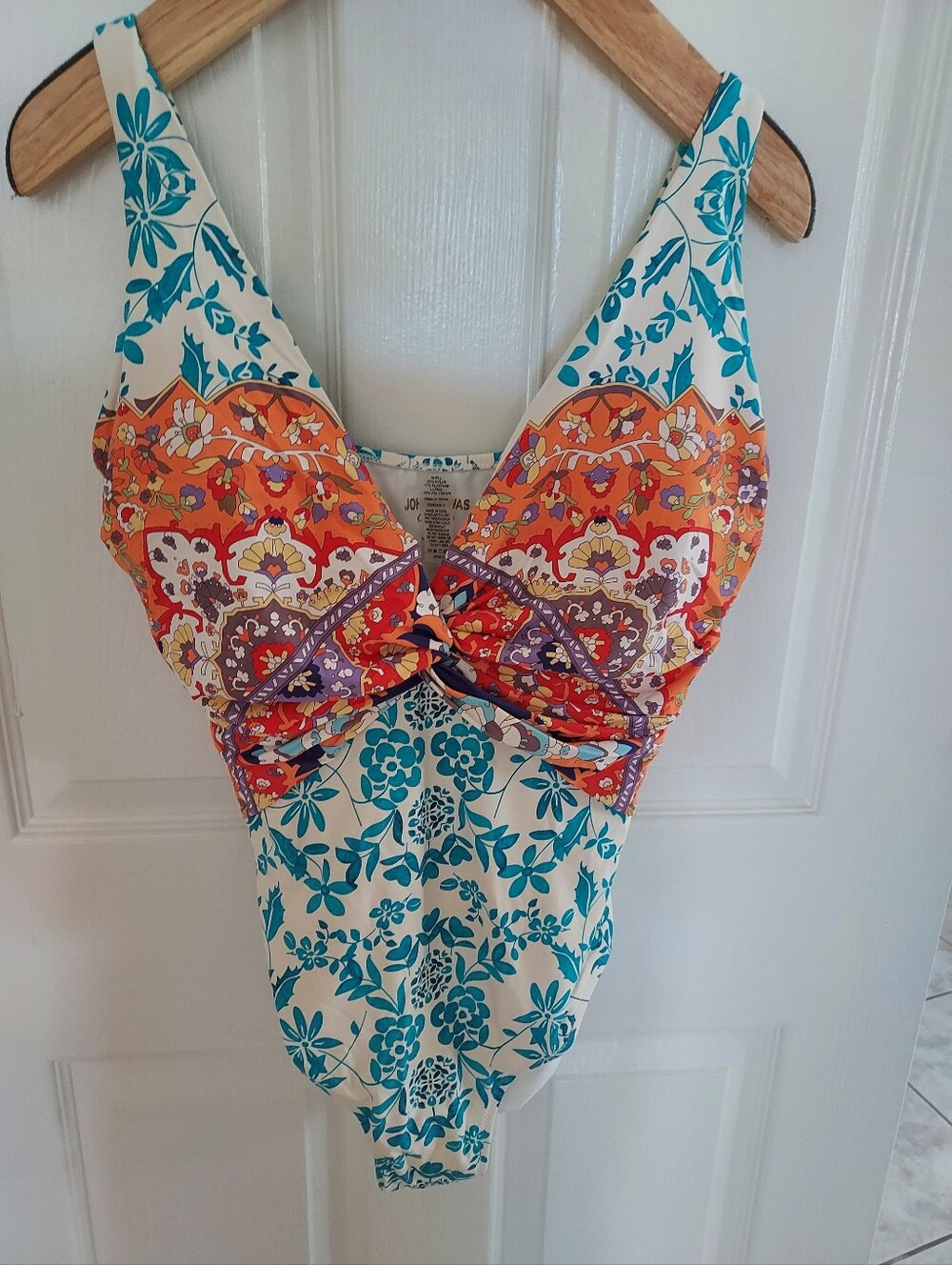 Johnny Was Turquoise and Orange Floral Deep Plunge Swimsuit Nwot